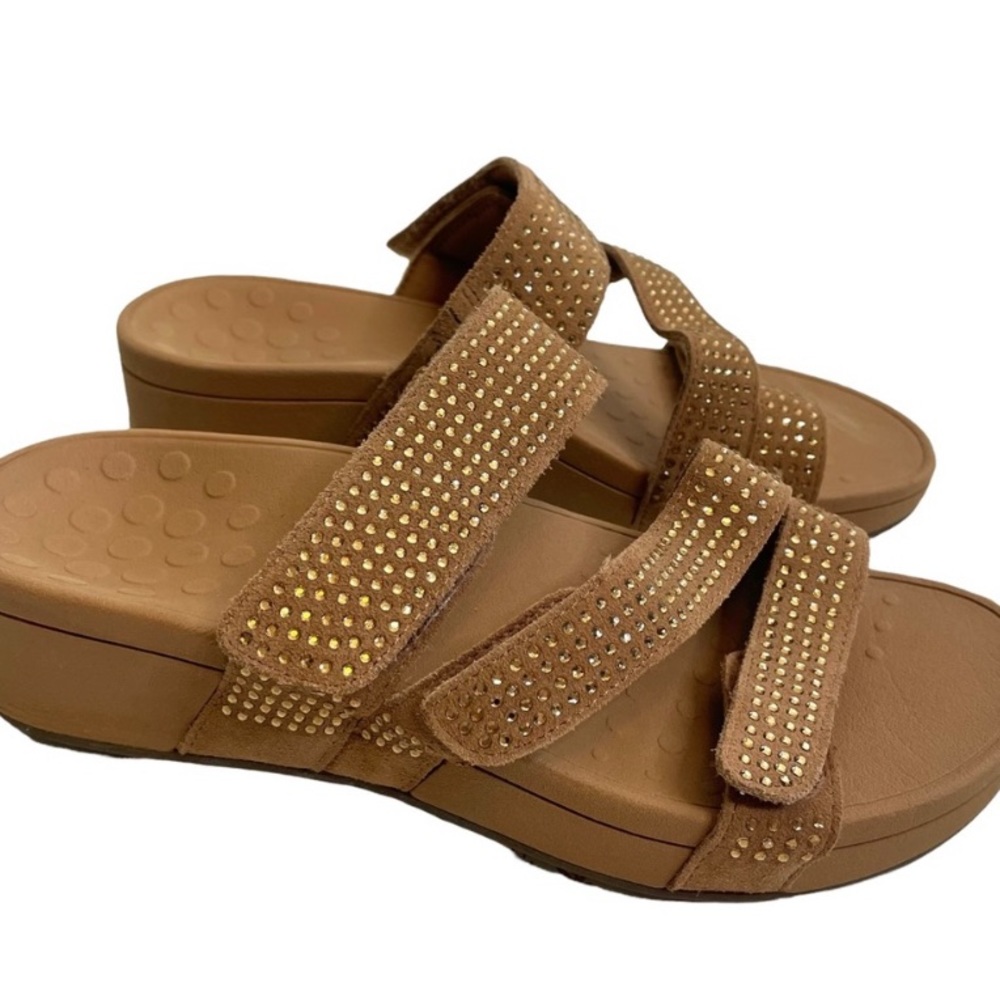 Vionic | Rhinestone Bedazzled Low Wedge Strappy Orthopedic Sandal Tan Size 8